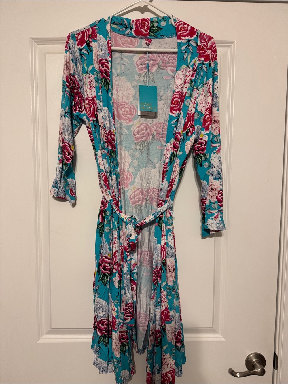 Posh Peanut Teal Floral Tie-Waist Robe with Pink Roses